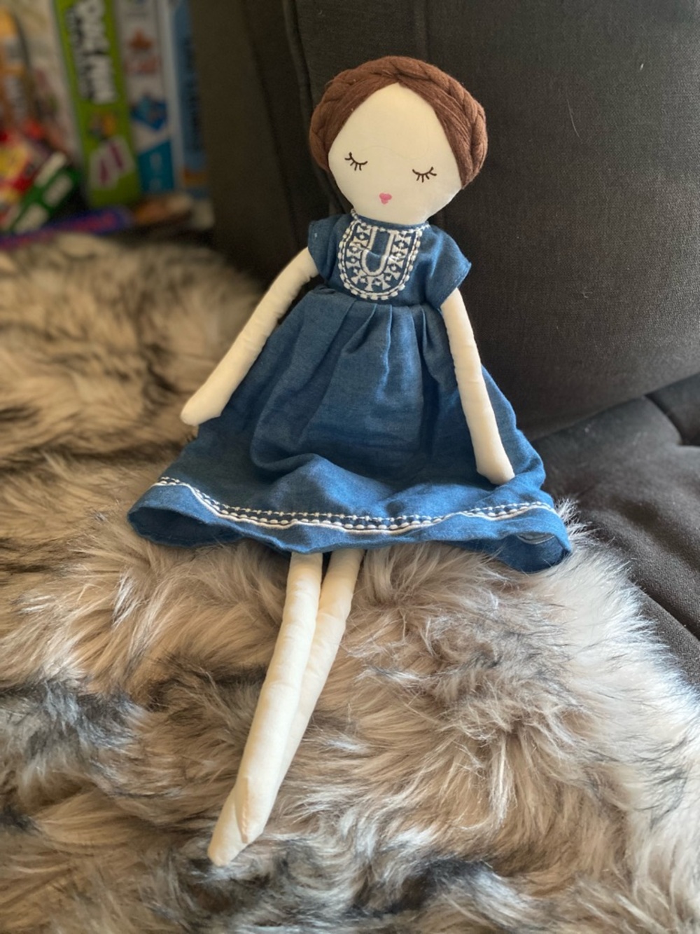 NWOT Beautiful Anthropologie “Bea” Plush Doll with Denim Dress and Cream Body